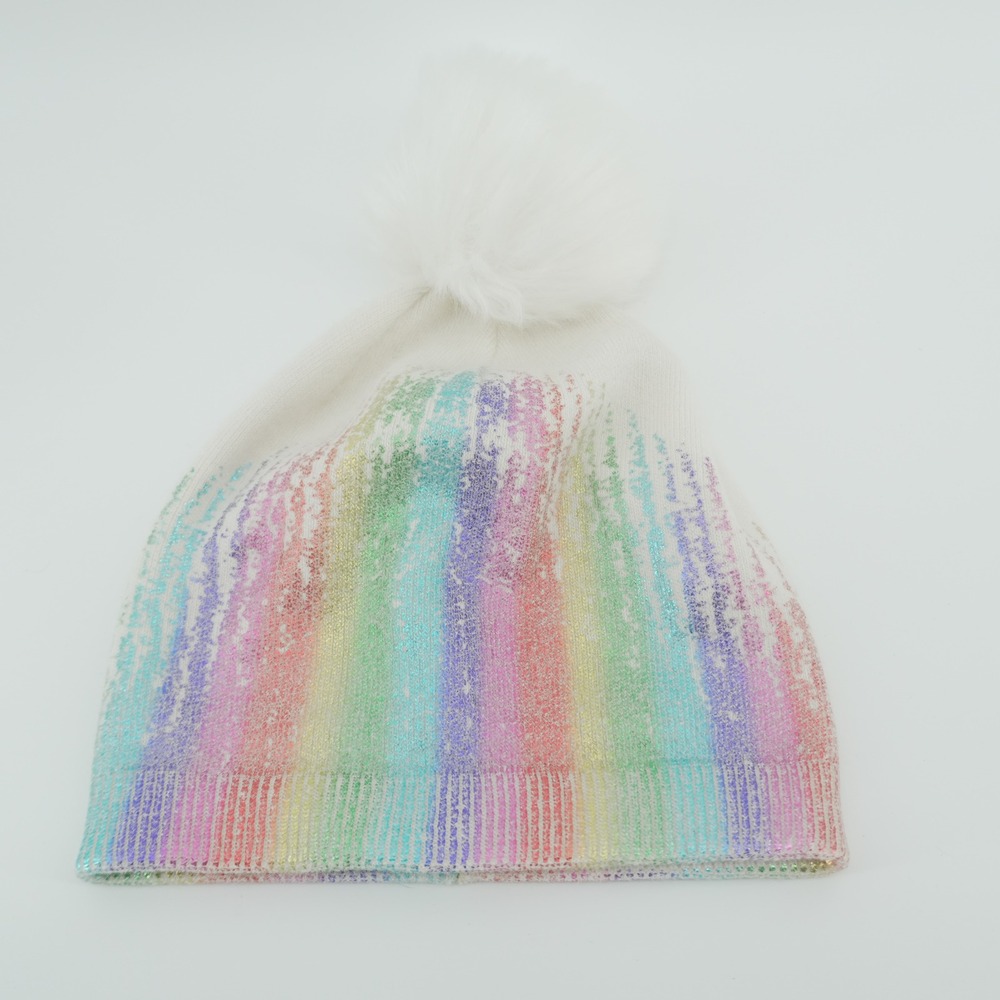 Adrienne Landau Beanie Womens O/S White Rainbow Metallic Foil Faux Fur Pom Hat